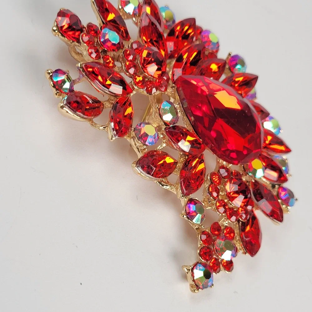 Large Red Rhinestone Brooch Gold Tone AB Crystal Floral Pendant Statement Pin